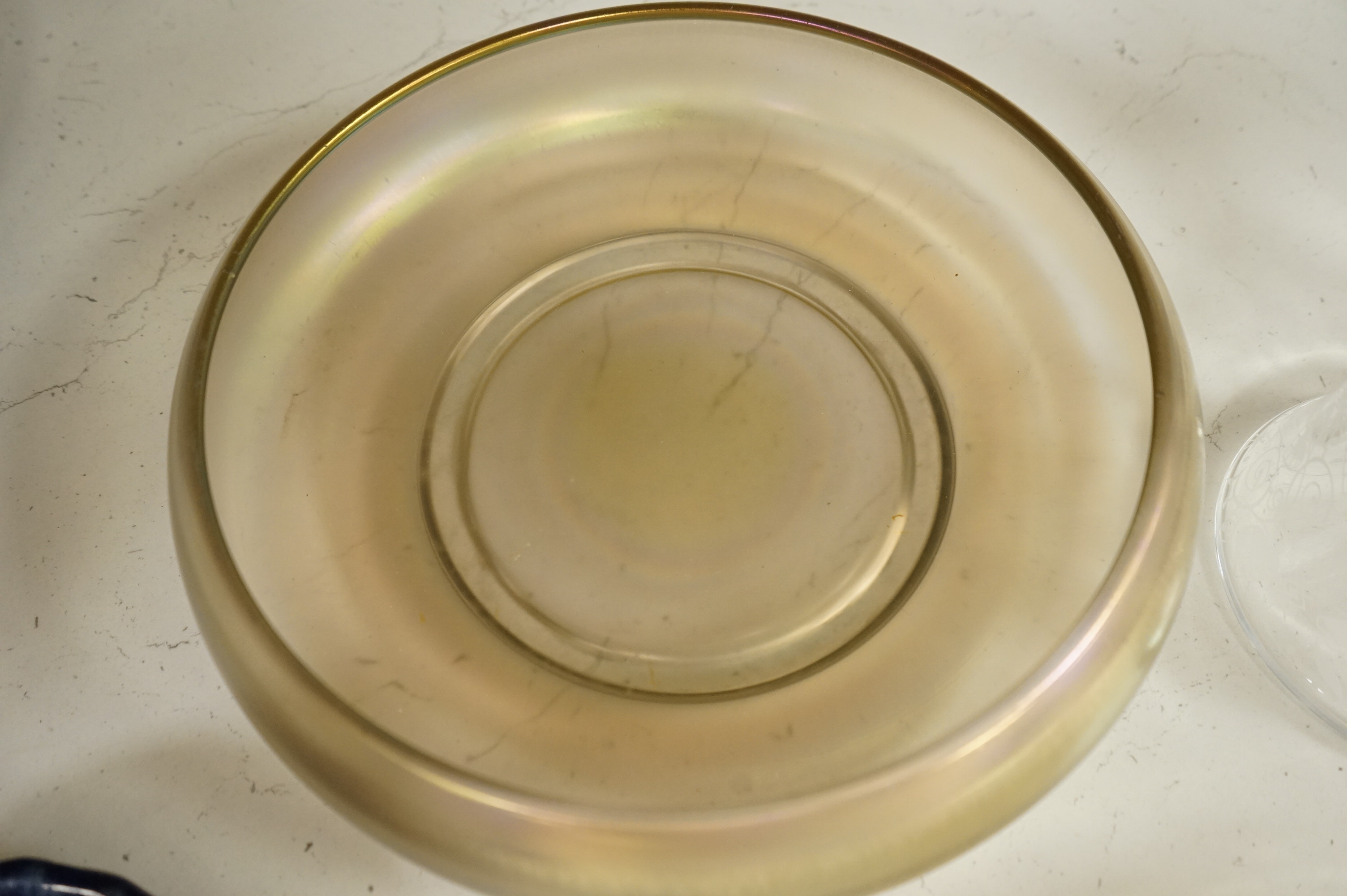 A Baccarat Argentina botanical decanter and a stopper, a Lalique-style opalescent dish and a glass lustre bowl, largest 30cm in diameter
